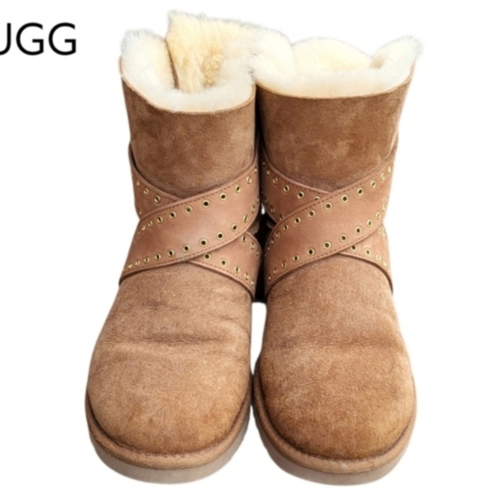 UGG Shearling Cameron Grommet Bow Chestnut Brown 6in Ankle Boot Winter Woman 9 - Picture 6 of 12